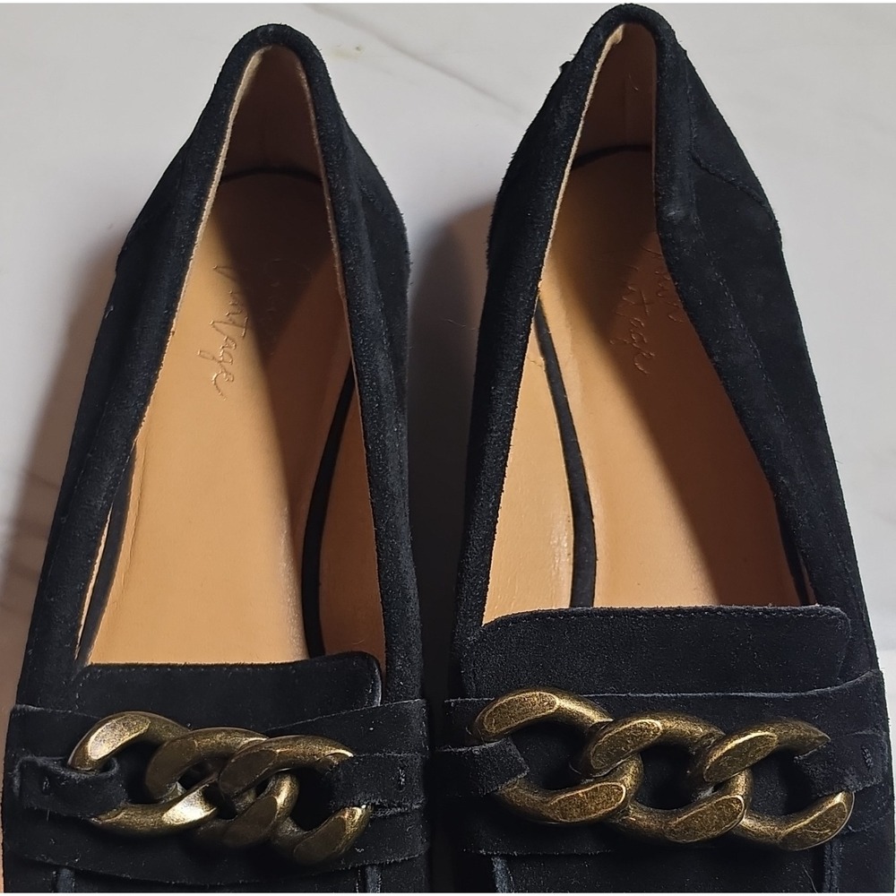 Crown Vintage Women's Black Suede Slip-On Loafer‎ Flats Chain Square Toe 10
